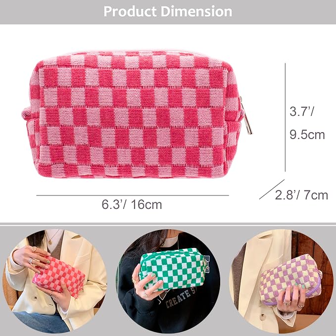 Checkered Makeup Bag for Purse, Small Cosmetic Pouch,Green Hotpink,2 Pack | Cute Zipper Makeup Organizer for Women, Travel Essentials, Toiletries, Makeup Brushes, Beauty Accessories&Bridesmaid Gifts