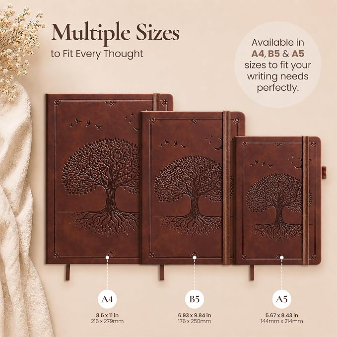 Lined Journal Notebook Hardcover Leather Bound 200 Pages A5 Brown Diary | College Ruled 5.7x8.4" Journaling Notebooks for Men & Women, Writing for Personal, Small Travel Daily Note Book Tree of Life