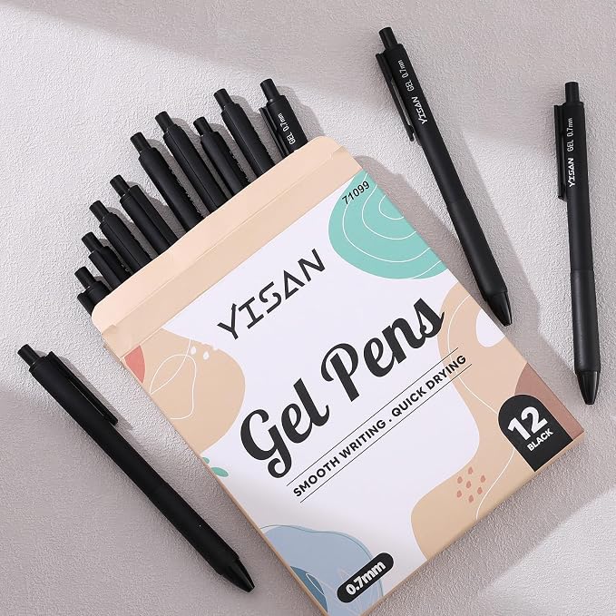 YISAN Black Gel Pens,12 Pack,0.7mm Fine Tip | Retractable,Fast Dry,Smooth Writing,71099