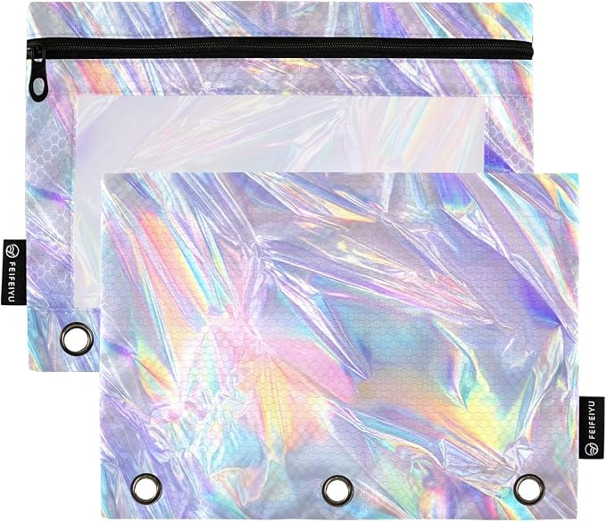 ALAZA Holographic Neon Iridescent Pattern Pencil Pouch for 3 Ring Binder 2 Pack Zipper Binder Pencil Bag Case with Clear Window Office Supplies