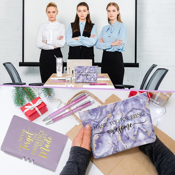 Domensi 6 Pcs Employee Appreciation Gift Set for Women Female Thank You Gift May You Be Proud 20 oz Rustic Marble Sign Tumbler Makeup Bag Journal for Boss Teacher Work Business(Purple)