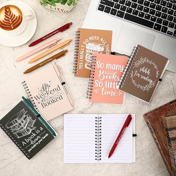 Thenshop 12 Sets Book Lover Gift Librarian Inspirational Spiral Notebook Pen Bulk Book Club Gift Reading Journal Librarian Back to School Gifts for Women Reader Teacher Bookish Bookworm (Retro Color)
