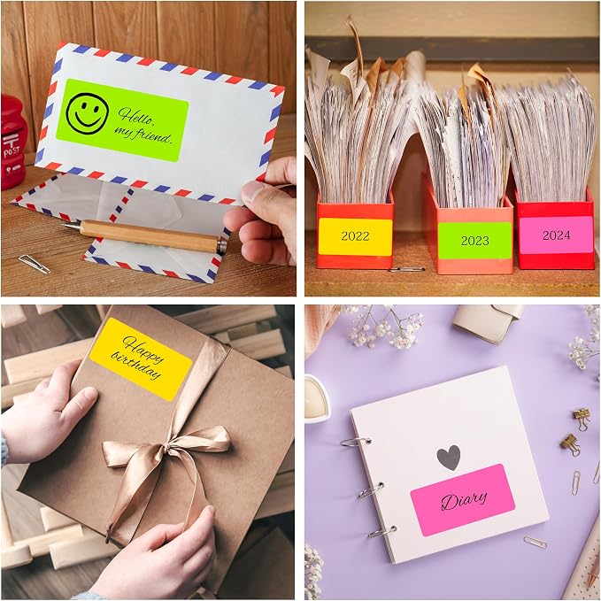 LLIKED 300 Fluorescent Address Labels 2" x 4" - Bright Neon Shipping Stickers for Packages, Envelopes and Organizing - Laser & Inkjet Printer Compatible - Green, Yellow, Pink - 30 Sheets