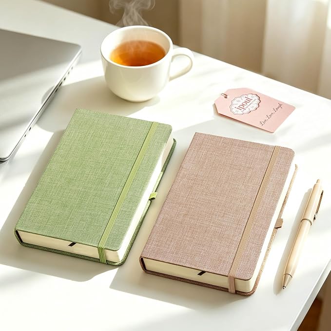 Linen Notebook, College Ruled, Hardcover, Lay Flat, B6, Small, 5x7, Thick, 100gsm, Pink, Journal for Writing