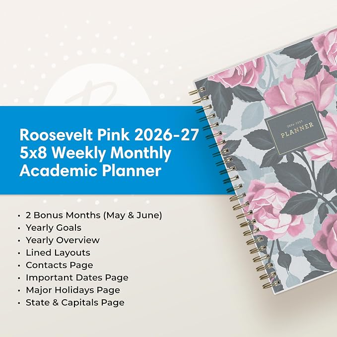 Blue Sky 2026-2027 Weekly & Monthly Academic Planner, 5"x8", Roosevelt Pink | July 2026 - June 2027, Flexible Cover, Wirebound, Laminated Tabs, Academic Year