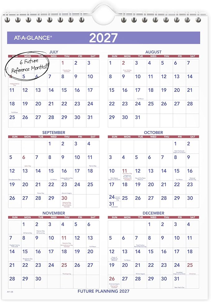 AT-A-GLANCE Wall Calendar 2026-2027 Planner, Academic 12-Month July-June, Monthly, 11" x 8", Ruled Daily Blocks (AY128)