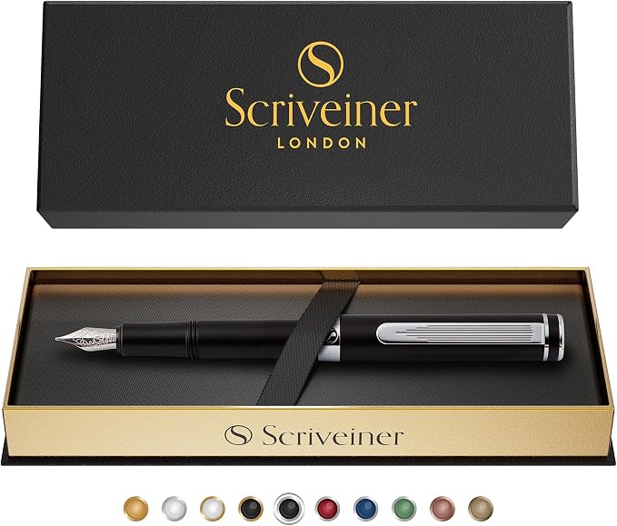 Scriveiner Luxury EDC Fountain Pen (Fine), Stunning Matt Black Pocket Pen, Chrome Finish, Schmidt German Nib, Converter, Best Writing Pen Gift Set for Men & Women, Nice Fancy Office Designer Pen