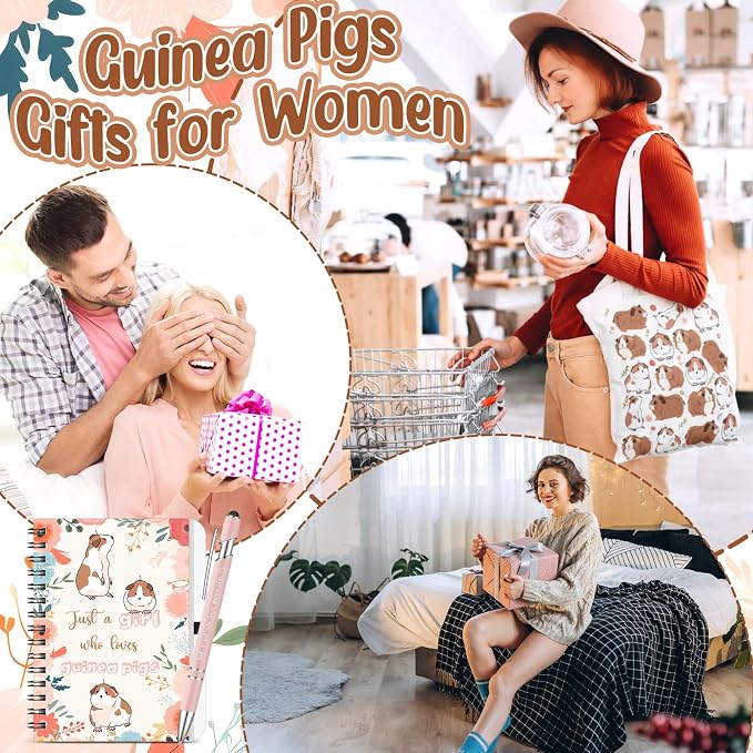 Kinlop 5 Pcs Guinea Pigs Lover Gifts for Women Include Just a Girl Who Loves Guinea Pigs Tote Bag Canvas Cosmetic Bag Coil Notebook Keychain and Ballpoint Pen for Women Girls