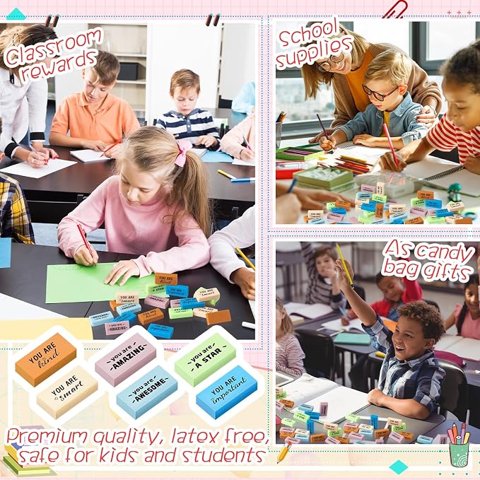 Resurhang 180 Pcs Erasers Bulk for Kids Inspirational Pencil Erasers Bulk for Drawing Motivational Big Eraser School Supplies for Classrooms Back to School Office (Motivational,Boho)