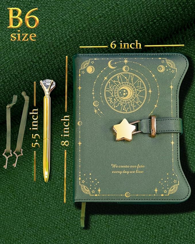 Hoci Poci Diary with Lock and Keys for Girls Gift Ideas, 360 Pages Journal | Elegant Gift Box for Teen Girls, B6 Kraft Pages Refillable Notebook with Pen and Bookmark for Writing, Astro Dark Green