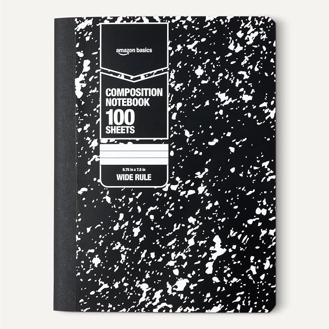 Amazon Basics Composition Notebook, Wide Ruled, 100 Sheets, 9.75" x 7.5", Marble Black, 12-Pack