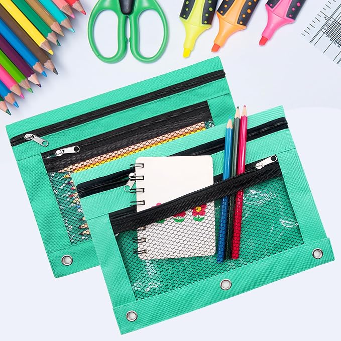 Pencil Pouch for 3 Ring Binders Zippered Pencil Case Canvas Pencil Bag with 2 Compartments (Set of 2, Pastel Green)