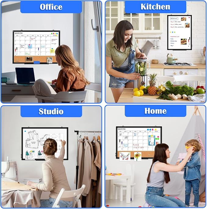 Monthly Calendar Whiteboard Dry Erase Cork Board Combo for Wall, 30" x 20" Double-Sided Calendar White Board and Bulletin Board with Black Aluminium Frame, Planning Board for Office, Home, School