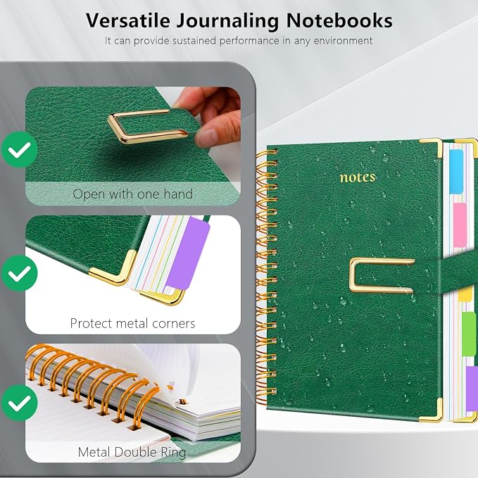 Hardcover Spiral Notebook College Ruled, 6.2"x 8.2" Leather Journal Notebook with Magnetic Closure, 300 Pages 5 Subject Notebook with Dividers Tabs Journal for Women Men, Work, School(Green)