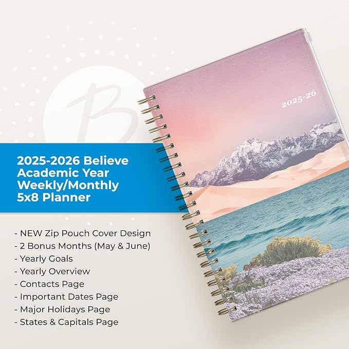 Blue Sky 2025-2026 Weekly & Monthly Academic Planner, 5"x8", Believe | July 2025 - June 2026, Flexible Cover With Zip Pouch, Wirebound, Storage Pocket, Academic Year