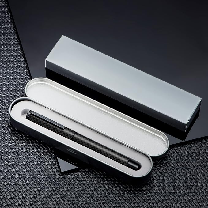 HONG DIAN 1861 Fountain Pen, Long Blade Nib, Black Carbon Fiber Design with Converter and Metal Pen Case Set