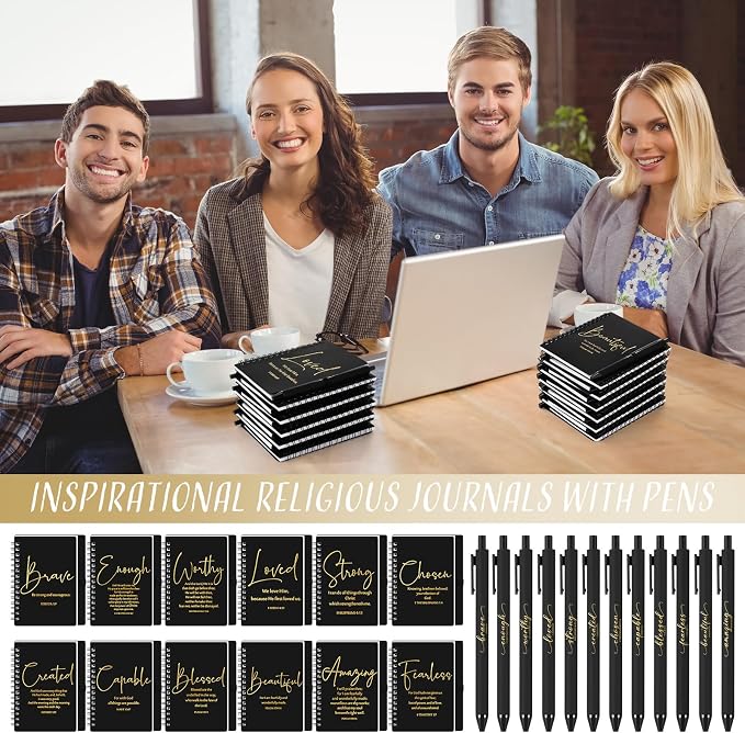 Kosiz 24 Sets Christian Gifts Bulk Christian Notebooks with Pens Inspirational Prayer Journals Bulk A6 Spiral Small Notepads for Women Men Church Members Bible Study Groups (Black)