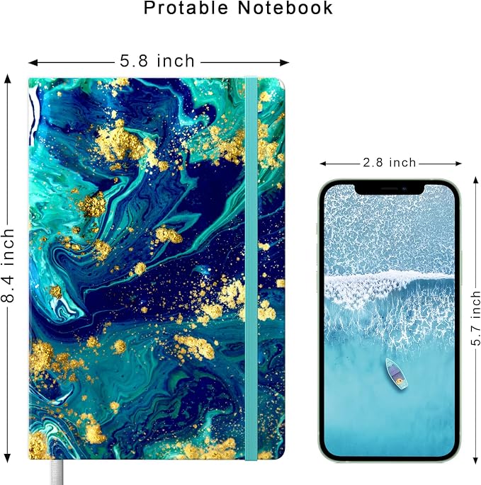 Lined Journal Notebook, Hardcover, Medium 5.7 x 8.4 in, 160 Pages Thick Paper, Cute Aesthetic A5 College Ruled Notebook for Journaling Writing Work Office School Women Men, Blue Gold Marble