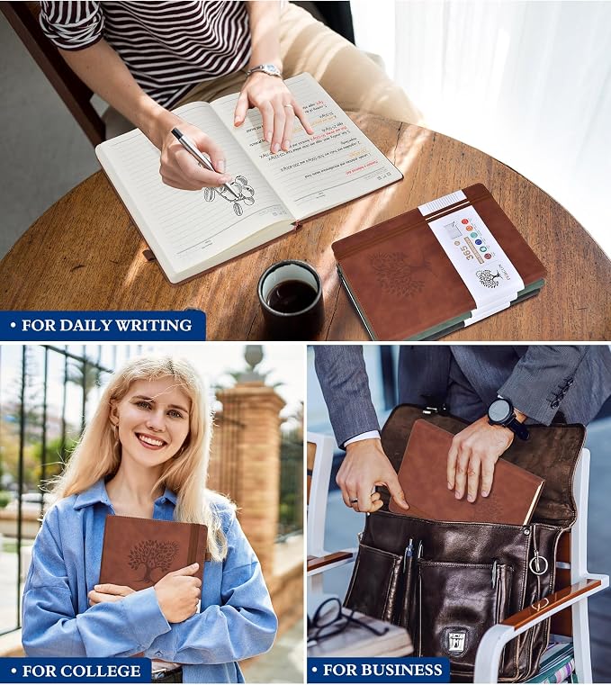 PERCUN B5 Lined Journal Notebook - 365 Page Large Leather Journals for Writing Women Men,Hardcover Notebook with 100Gsm Thick Pages,Daily Diary for Travel, Work,School,College Ruled (7.6" x 10.3")