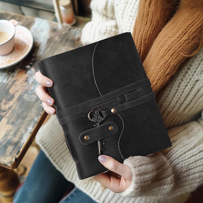 LEATHER VILLAGE Vintage Leather Journal – 200 Handmade Vintage Deckle Edge Paper – Leather bound Journal For Women Men – Vintage Key Closure - Book of Shadows - Black - 6X4 inches (A6)