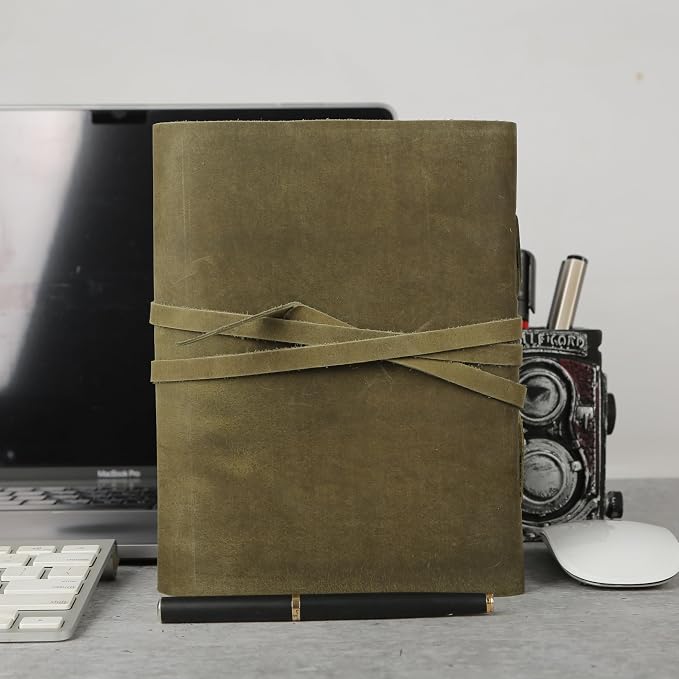KomalC Handmade Leather Journal 7x5 Inch | Green Vintage Notebook with Unlined Pages | Cotton Recycled Paper | Antique Travel Diary, Sketchbook, Writing Journal for Men & Women