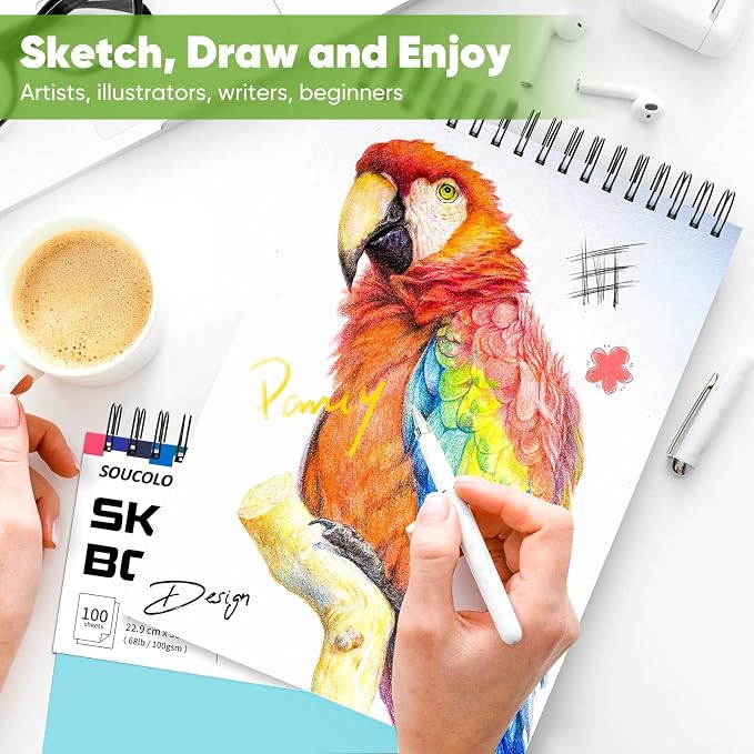 Soucolor Sketch Book 9x12,Thick Drawing Paper Pad School Art Supplies | 100 Sheets Thick 68lb/100gsm Acid-Free Paper,Blank Drawing Pad for Artists,Students,Kids,Notebook for Pencil,Charcoal,Pastel