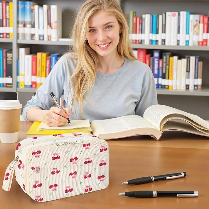 WOBAGMEN Cute Pencil Case,Large Corduroy Zippered Pencil Case Pouch, aesthetic Pencil Bag with Compartments, Pencil Pouch School Supplies (HY-corduroy pc-cherry)