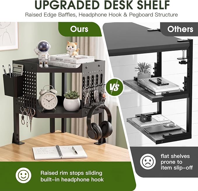 2-Tier Metal Clamp On Desk Shelf, Heavy Duty Desk Storage Organizer with 2 Removable Pegboards and Headphone Holder,Corner Desk Shelf with Pencil Cup and Hooks for Desk Accessories (Black)