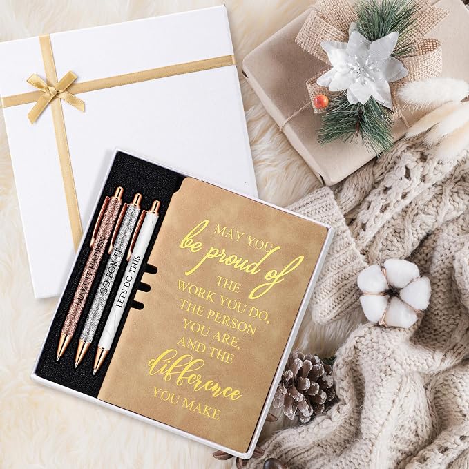 Resurhang 5 Pcs Employee Appreciation Gift Leather Journal Notebook 3 Ballpoint Pens with Box Back to School Thank You Gift for Nurse Volunteer Teacher Secretary Coworker Women(Khaki)