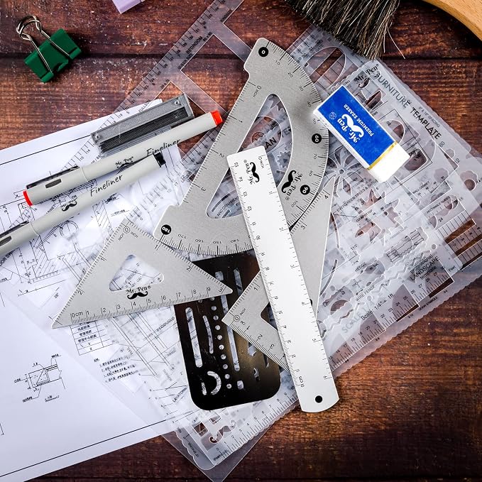Mr. Pen- Professional Drafting Tools & Geometry Set with Case, 17 pcs | Mechanical Pencil, Fineliners, Scale Metal Ruler, Drawing Templates for Interior Design House Plan, Architect Protractor Set