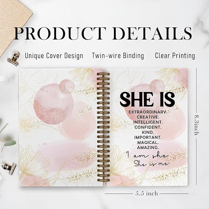 Pink She Is Inspirational Spiral Notebook, Positive Affirmations Journal Notebook, Self Care Pink Abstract Notebooks for School Work, Motivational Office Supplies Gifts for Women, 5.5x8.3 Ines
