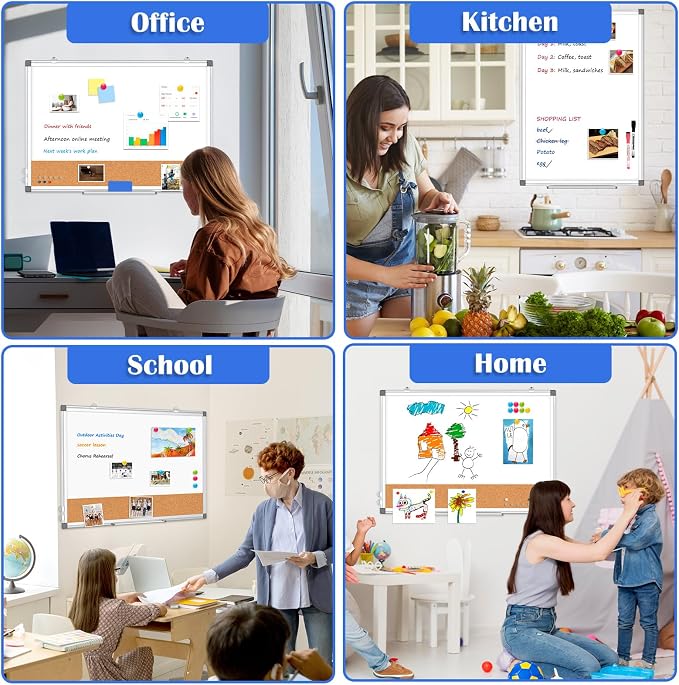 Whiteboard Cork Board Combo for Wall, WALGLASS 36" x 24" Double-Sided Large Dry Erase Whiteboard Corkboard Combination, Hanging Wall Mount Bulletin Board with Aluminum Frame for Office, Home, School