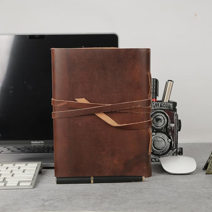KomalC Dark Tan Leather Journal 8x6 | Handmade Vintage Notebook with Unlined Cotton Paper | Rustic Writing Diary & Sketchbook | Antique Travel Journal for Men & Women