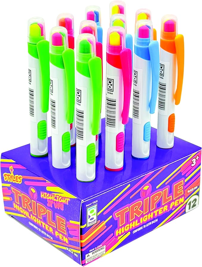 Raymond Geddes Triple Highlighter Pen - Pack of 12 - Versatile and Colorful Study Tools for Kids
