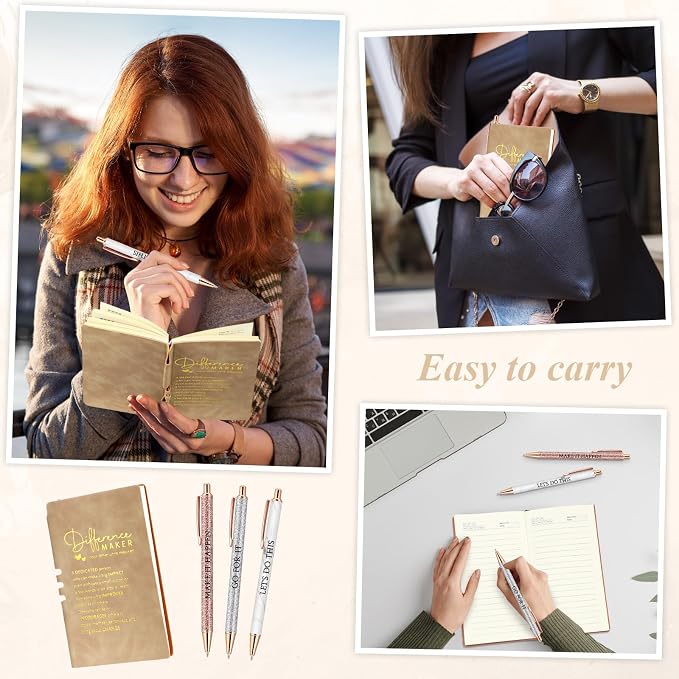 Thenshop 5 Pcs Difference Maker Gifts Journal with Pen Leather Notebook 3 Ballpoint Pens Box Thank You Gift for Nurse Boss Employee Coworker Teacher Volunteer Social Worker Assistant(Khaki)