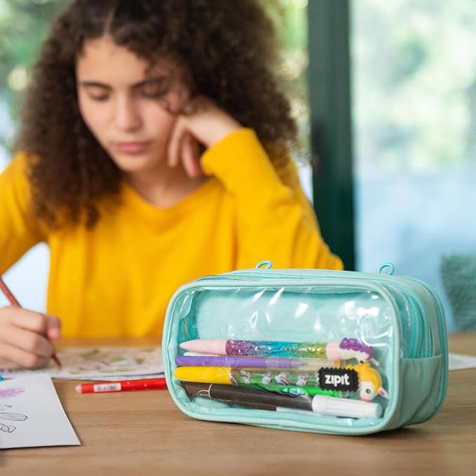 ZIPIT Half & Half Pencil Case, 3 Compartment Zipper Pouch for School, Stationery Bag for Teen Girls Boys and Adults, Mint