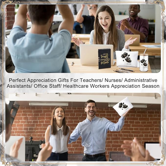Funnymoom 6 Pcs Appreciation Gifts Set for Women Back to School Teacher Gifts Employee Thank You Gift with 17 oz Glass Tumbler Journal Pens and Pouch for Coworkers Educators,Floral,Black