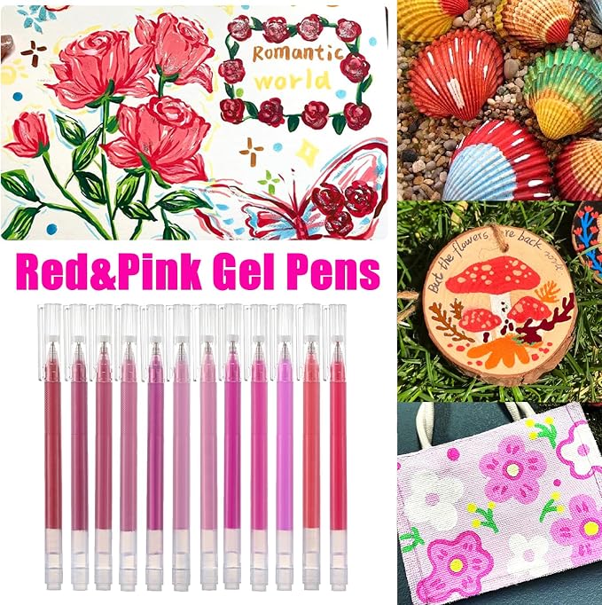 Red Pink Gel Pens Set,24 Colored Gel Pens Glitter Metallic Pastel Morandi Neon Color Gel Pen More Ink Colored Gel Pens for Adults Coloring Books Drawing, Doodling, Scrapbook, Journaling