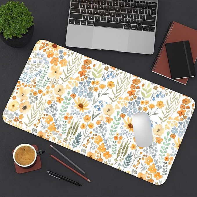 Flower Large Mouse Pad, Floral Desk Matt for Desktop, PU Leather Waterproof Desk Pad, Computer PC Laptop Protector Gaming Mouse Pads for Women Office Decor (23.6" x 11.8")