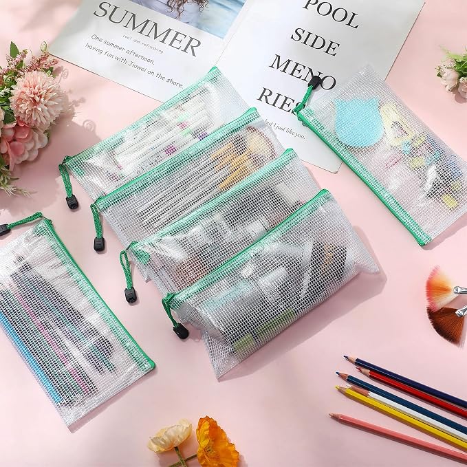 Handepo 100 Pack Mesh Zipper Pouch Pencil Pouches Bulk Clear Storage Bag Small Waterproof Purse Bag Multipurpose for Cash Board Game Passport Office(A6/9.45x4.53in,White Pouch Green Zipper)