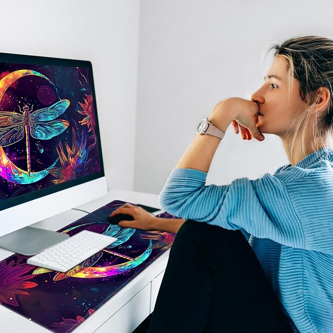 Heated Desk Pad Mouse Pad,Heated Desk Mat,with 3 Heating Levels & 3 Hours Auto Shut-Off,Leather 23.6"*14.2" Gaming Mouse Laptop Mat,Foot Warmer,Glitter Dragonfly Moon