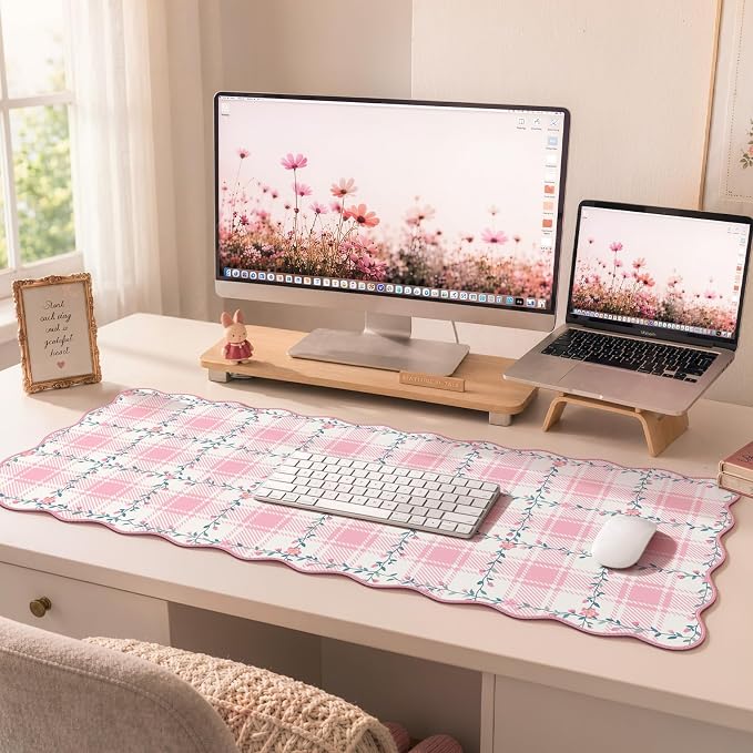 iCasso Vintage Floral Desk Mat, Large Mouse Pad, XXL Leather Scalloped Checkered Computer Mat, Back to School Girly Non-Slip Base Mousepad, Pink Desk Accessories for Home Office (Light Pink)