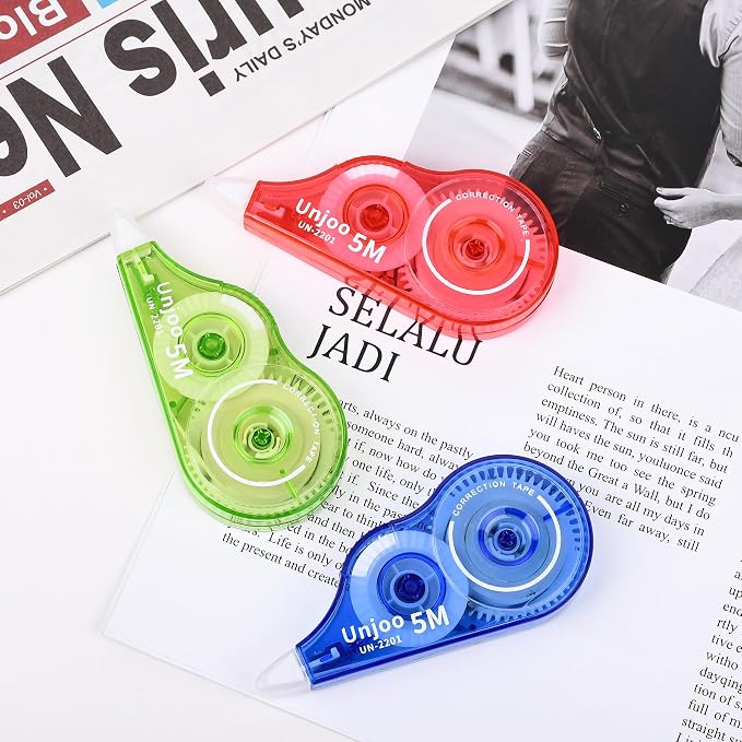 Unjoo White Correction Tape (9pack, 5M/196"x0.2", Redx3, Greenx3, Bluex3) | Easy To Use Applicator, Fast Clean Tear-Resistant Tape For school Supplies, Office