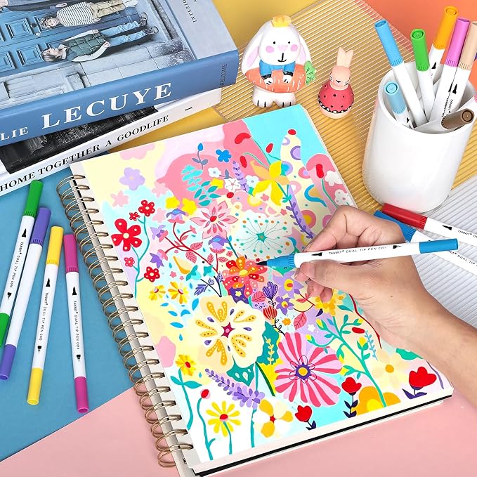 TANMIT Markers for Adult Coloring Books No Bleeding, 72 Colors Dual Tip Art Markers Set with Fine and Brush Tip Pens for Journaling Sketch Hand Lettering