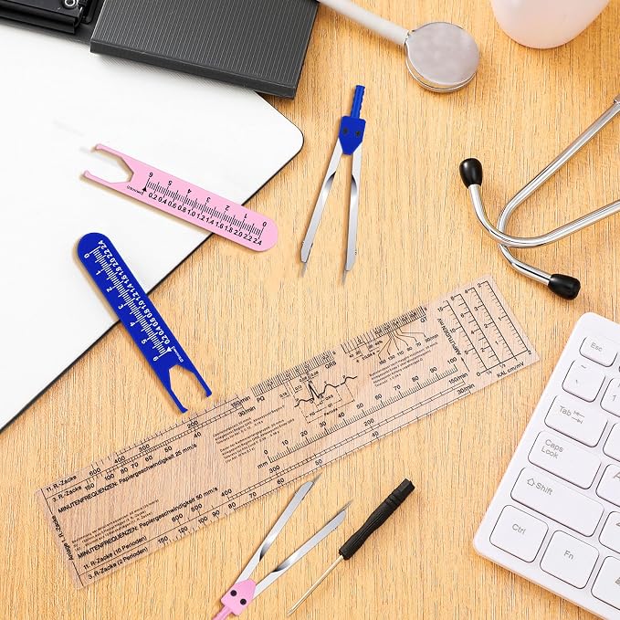 Tondiamo 2 Pack Ekg Calipers Ekg Ruler Card Combination Set Ecg Drafting Electrocardiographs Measuring Tool for Doctors, Nurses, Medical Student(Pink and Blue)