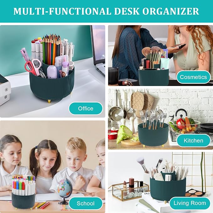 SAYEEC Rotating Pen Holder 5 Slots Desk Organizer with Adjustable Phone Stand Dark Green Makeup Brush Holder Organizer Cute Pencil Cup Pot Art Supply Storage Caddy for Office School Vanity Bathroom