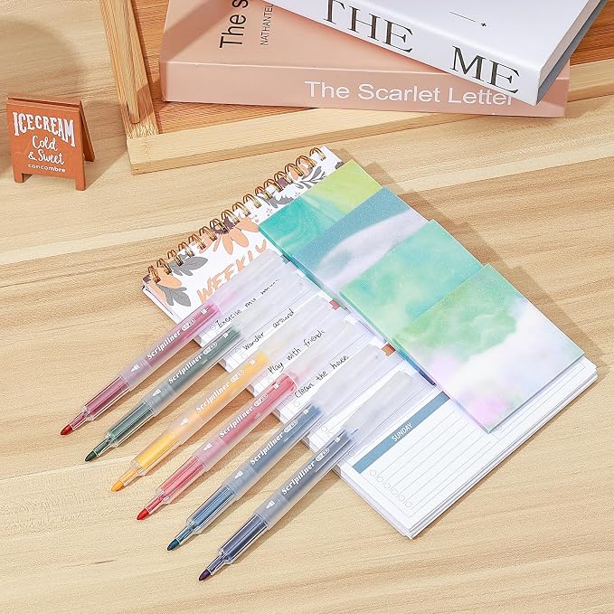 BAYTORY 200 Sheets Transparent Sticky Notes, Glitter Clear Sticky Note | 6Pcs Double-ended Colored Marker Pen, 3 x 3 Waterproof Self-Stick Notes, Easy to Post for Note Taking (Morandi)