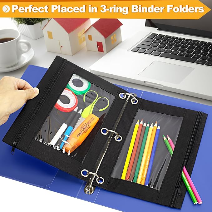 24 Pack Pencil Pouch for 3 Ring Binder Pencil Case with Clear Window Zipper | 3-Holes Zipper Pencil Pouches in Assorted Colors, Sturdy and Durable Zipper Pencil Pouch for Office College School Supplies