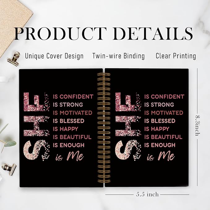 She Is Me Inspirational Spiral Notebook, Rose Gold Self Care Journal Notebook, Positive Notebooks for School Work, Self Love Office Supplies Gifts for Women Girls, 5.5x8.3 Inch