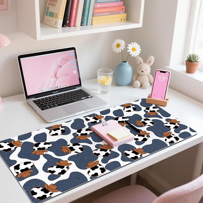 Cow Print Western Leather Desk Mat Extended Gaming Mouse Pad | Non-slip Large Writing Pad Laptop Blotter Computer Keyboard Mat | Cute Desk Protector for Home Office 27.6" x 13.8"